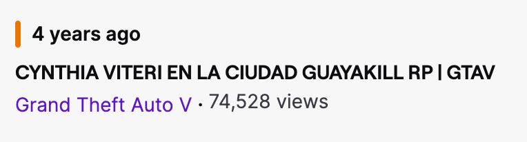 A YouTube video listing titled “CYNTHIA VITERI EN LA CIUDAD GUAYAKILL RP | GTAV” with 74,528 views