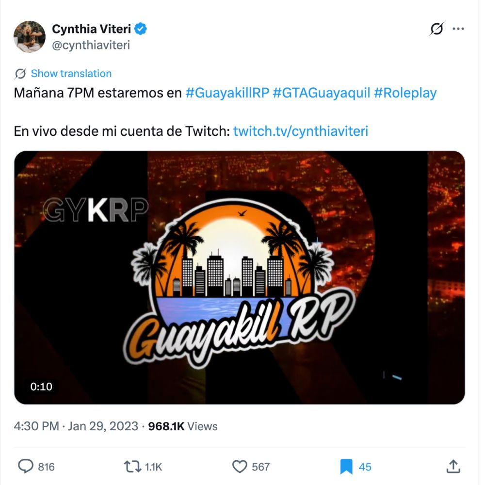 A tweet from Cynthia Viteri announcing she will appear on the GuayakillRP server, streamed live on Twitch, with 968,100 views