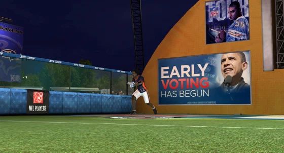 An in-game NFL stadium billboard reading “EARLY VOTING HAS BEGUN” beside a photo of Barack Obama