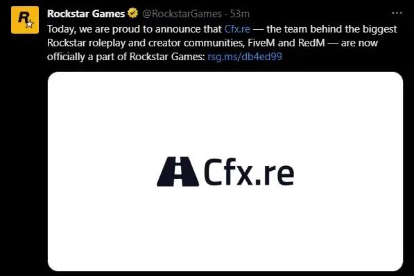 A tweet from Rockstar Games announcing that Cfx.re, the team behind FiveM and RedM, has joined Rockstar